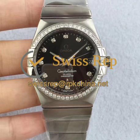 Replica Omega Constellation 123.55.38.20.99.001 38MM SSS Stainless Steel & Diamonds Black Dial Swiss 8500