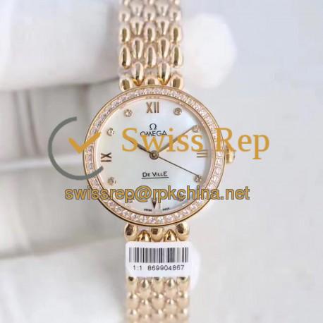 Replica Omega De Ville Dewdrop 424.55.27.60.55.006 XF Yellow Gold & Diamonds Mother Of Pearl Dial Swiss 8521