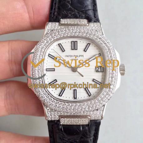 Replica Patek Philippe Nautilus Jumbo 5719/1G-001 MK Stainless Steel & Diamonds White Dial Swiss 324SC