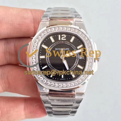 Replica Patek Philippe Nautilus Ladies 7010/1G-010 JJ Stainless Steel & Diamonds Black Dial Swiss Quartz E23-250 S C