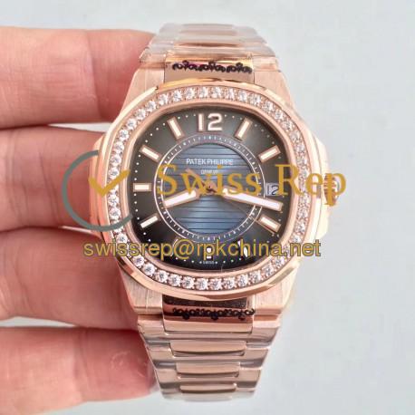 Replica Patek Philippe Nautilus Ladies 7010/1R-010 JJ Rose Gold & Diamonds Blue Dial Swiss Quartz E23-250 S C