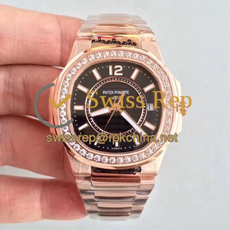 Replica Patek Philippe Nautilus Ladies 7010/1R-010 JJ Rose Gold & Diamonds Black Dial Swiss Quartz E23-250 S C