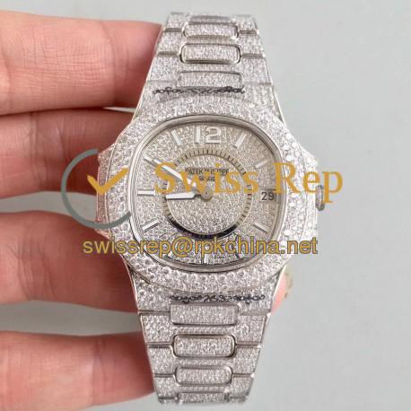 Replica Patek Philippe Nautilus Jumbo Ladies Paved With Diamonds 7021/1G-001 N Stainless Steel & Diamonds Diamond Dial M9015