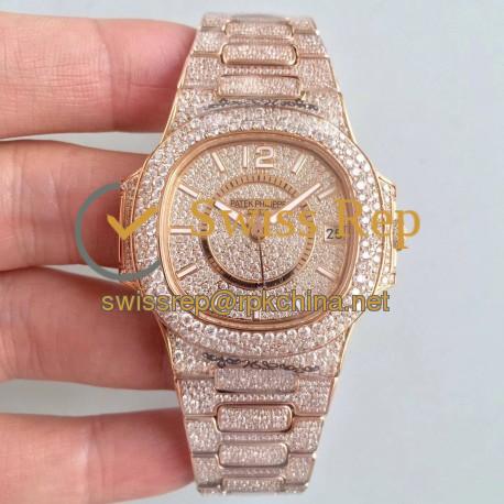 Replica Patek Philippe Nautilus Jumbo Ladies Paved With Diamonds 7021/1R-001 N Rose Gold & Diamonds Diamond Dial M9015