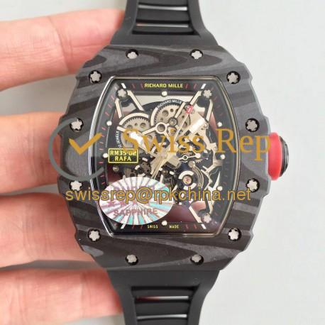 Replica Richard Mille RM35-02 Rafael Nadal KV Forged Carbon Black Skeleton Dial M8215