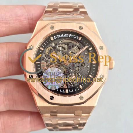 Replica Audemars Piguet Royal Oak Double Balance Wheel Openworked 15407 JF Rose Gold Black Skeleton Dial Swiss 3132