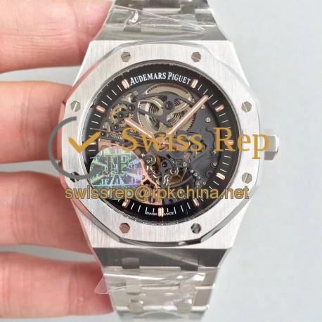 Replica Audemars Piguet Royal Oak Double Balance Wheel Openworked 15407 JF Stainless Steel Black Skeleton Dial Swiss 3132