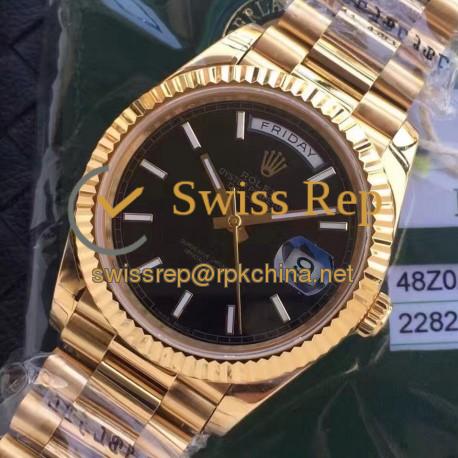 Replica Rolex Day-Date 40 228235 2018 EW Yellow Gold Black Diagonal Dial Swiss 3255