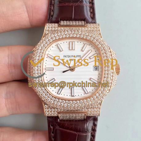 Replica Patek Philippe Nautilus Jumbo 5719/1G-001 2018 N Rose Gold & Diamonds White Dial Swiss 324SC