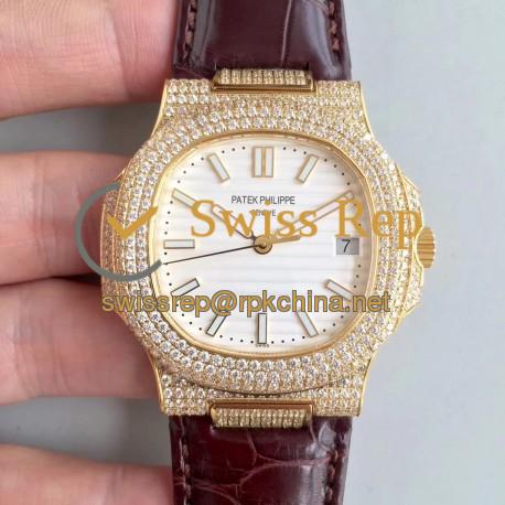 Replica Patek Philippe Nautilus Jumbo 5719/1G-001 2018 N Yellow Gold & Diamonds White Dial Swiss 324SC