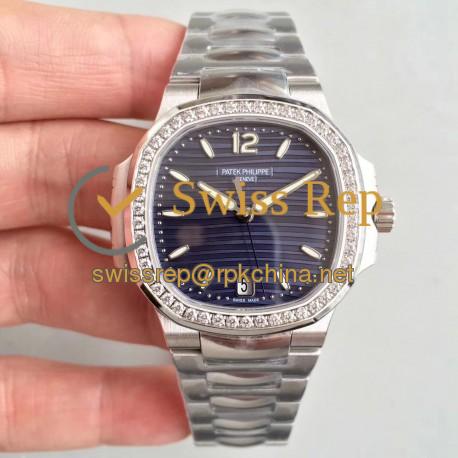 Replica Patek Philippe Nautilus Ladies 7018/1A-010 PF Stainless Steel & Diamonds Blue Dial Swiss 324 S C