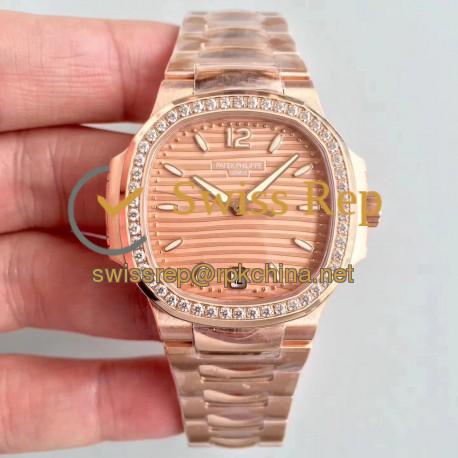 Replica Patek Philippe Ladies Nautilus 7118/1200R PF Rose Gold & Diamonds Rose Gold Dial Swiss 324SC