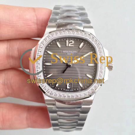 Replica Patek Philippe Nautilus Ladies 7018/1A-011 PF Stainless Steel & Diamonds Anthracite Dial Swiss 324SC