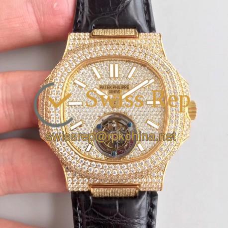 Replica Patek Philippe Nautilus Jumbo 5711 R8 Yellow Gold & Diamonds Diamond Dial Swiss Tourbillon