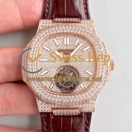 Replica Patek Philippe Nautilus Jumbo 5711 R8 Rose Gold & Diamonds Diamond Dial Swiss Tourbillon