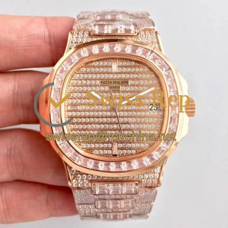 Replica Patek Philippe Nautilus Jumbo 5719/10G-010 DM Rose Gold & Diamonds Diamond Dial Swiss 324SC