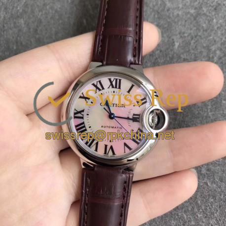 Replica Ballon Bleu De Cartier Ladies 33MM WSBB0002 CR Stainless Steel Pink Mother Of Pearl Dial Swiss Calibre 076