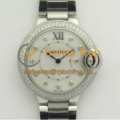 Replica Ballon Bleu De Cartier Ladies 33MM V6 Stainless Steel & Diamond Mother Of Pearl Dial Swiss Ronda Quartz