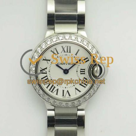 Replica Ballon Bleu De Cartier Ladies 28MM W4BB0015 V6 Stainless Steel & Diamond White Dial Swiss Ronda Quartz