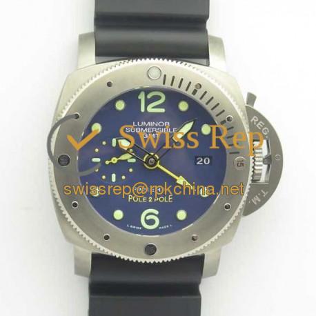 Replica Panerai Luminor Submersible 1950 3 Days GMT Special Edition Pole2Pole PAM719 VS V2 Titanium Blue Dial Swiss P9001