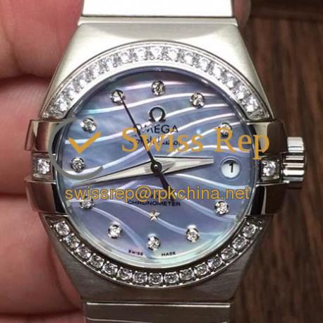 Replica Omega Constellation Double Eagle Lady 27MM Stainless Steel & Diamonds Blue Dial Swiss 8520