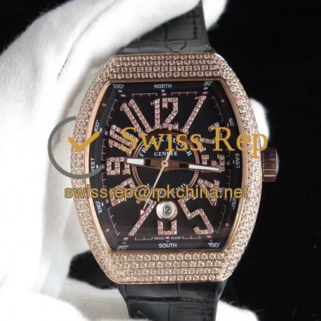 Replica Franck Muller Vanguard V45 SC DT OX Rose Gold & Diamond Black Dial Swiss 2824-2