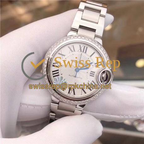 Replica Ballon Bleu De Cartier 33MM W4BB0016 TW Stainless Steel & Diamonds Silver Dial Seiko NH05A