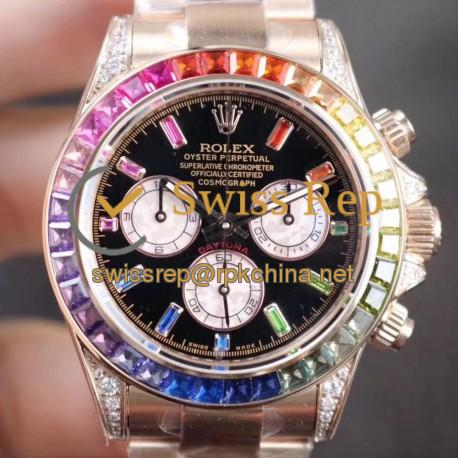 Replica Rolex Daytona Cosmograph Rainbow 116595RBOW BL Rose Gold & Diamonds Black Dial Swiss 4130 Run 6@SEC