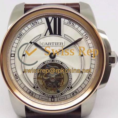 Replica Calibre De Cartier Tourbillon Stainless Steel & Rose Gold White Dial Swiss Tourbillon