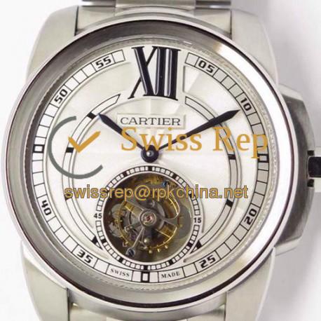 Replica Calibre De Cartier Tourbillon Stainless Steel White Dial Swiss Tourbillon