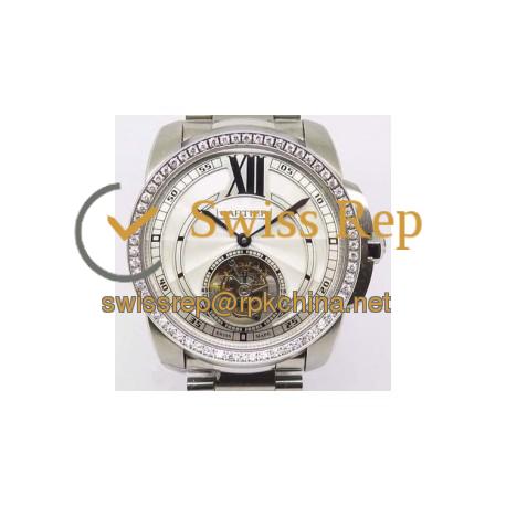 Replica Calibre De Cartier Tourbillon Stainless Steel & Diamonds White Dial Swiss Tourbillon