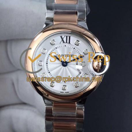 Replica Ballon Bleu De Cartier 28MM W3BB0005 V6 Stainless Steel & Rose Gold Silver Dial Swiss Ronda Quartz