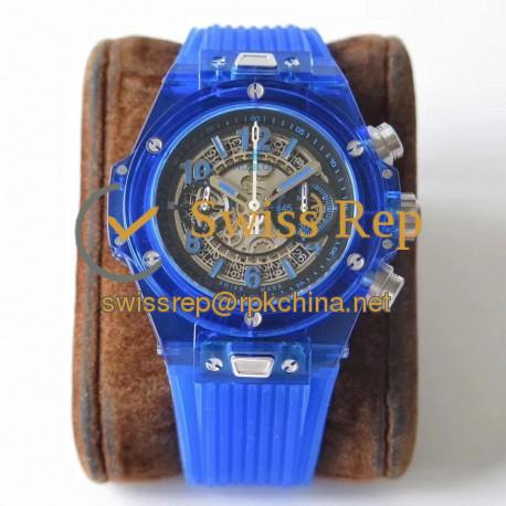 Replica Hublot Big Bang Unico Blue Sapphire 411.JL.4809.RT OX Blue Sapphire Crystal Skeleton Dial Swiss HUB1242