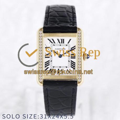 Replica Cartier Tank Solo Ladies 31MM AF Yellow Gold & Diamonds White Dial Swiss Ronda Quartz