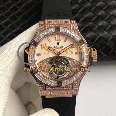 Replica Hublot Big Bang Tourbillon Noob Rose Gold & Diamonds Beige & Diamond Dial Swiss Tourbillon