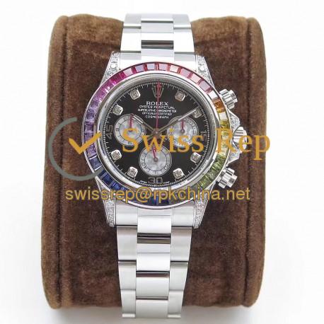 Replica Rolex Daytona Cosmograph Rainbow 116599RBOW BL Stainless Steel & Diamonds Black Dial Swiss 4130 Run 6@SEC