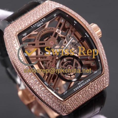 Replica Franck Muller Vanguard Skeleton V 45 T SQT Noob Rose Gold & Diamonds Rose Gold Skeleton Dial M9015