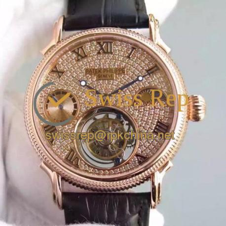 Replica Patek Philippe Tourbillon Moonphase Power Reserve Rose Gold Diamonds Dial Swiss Tourbillon