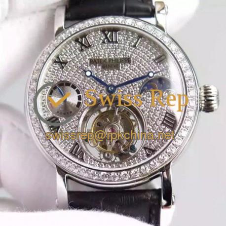 Replica Patek Philippe Tourbillon Moonphase Power Reserve Stainless Steel Diamonds Bezel Swiss Tourbillon