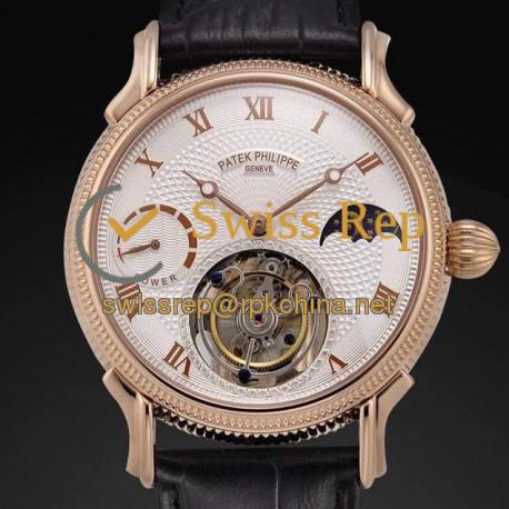 Replica Patek Philippe Tourbillon Moonphase Power Reserve Rose Gold White Dial Swiss Tourbillon