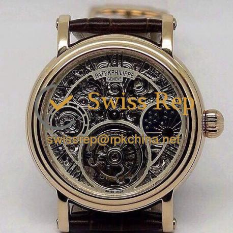 Replica Patek Philippe Tourbillon Moonphase Power Reserve Rose Gold Skeleton Dial Swiss Tourbillon