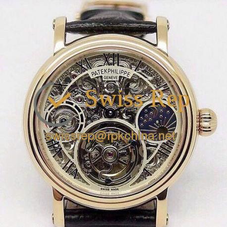 Replica Patek Philippe Tourbillon Moonphase Power Reserve Rose Gold Diamonds Dial Swiss Tourbillon