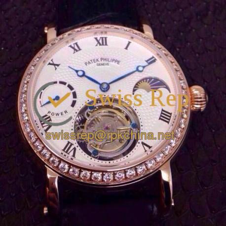 Replica Patek Philippe Tourbillon Moonphase Power Reserve Rose Gold Diamonds Bezel Swiss Tourbillon