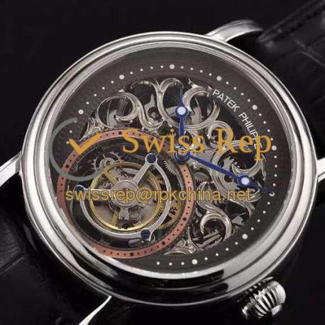 Replica Patek Philippe Tourbillon Rose Gold Stainless Steel Skeleton & Black Dial Swiss Tourbillon