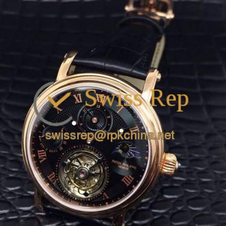 Replica Patek Philippe Tourbillon Moonphase 24H Power Reserve Rose Gold Black Dial Swiss Tourbillon