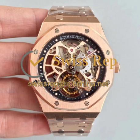 Replica Audemars Piguet Royal Oak Tourbillon Extra-Plate Squelette 26518 JF Rose Gold Black Skeleton Dial Swiss 2924