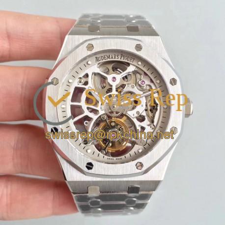 Replica Audemars Piguet Royal Oak Tourbillon Extra-Plate Squelette 26518 JF Stainless Steel Silver Skeleton Dial Swiss 2924