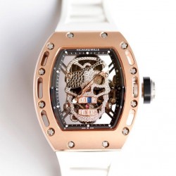 RM052 EURF Rose Gold Skeleton Diamond Skull Dial White Rubber Strap Tourbillon