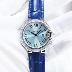 Ballon Bleu 33mm 3KF SS Blue Dial Diamond Bezel Blue Leather Strap 076