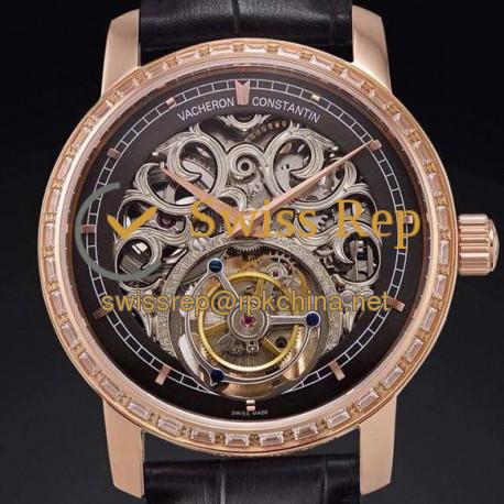 Replica Vacheron Constantin Patrimony Tourbillon Rose Gold & Diamonds Skeleton & Black Dial Swiss Tourbillon